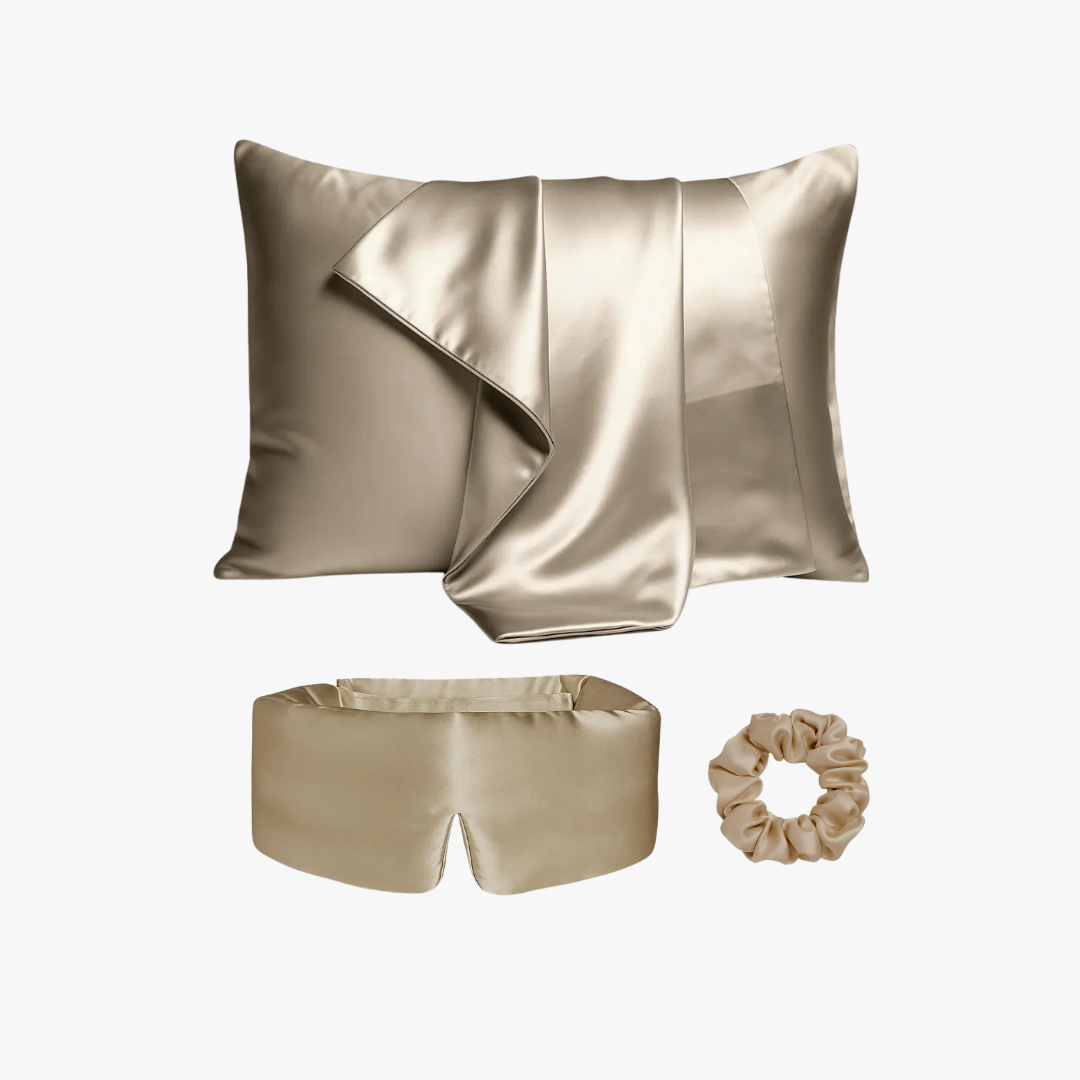 Ultimate sleep bundle in Sandsto, 23 momme mulberry silk sleep mask, pillowcase and scrunchiee