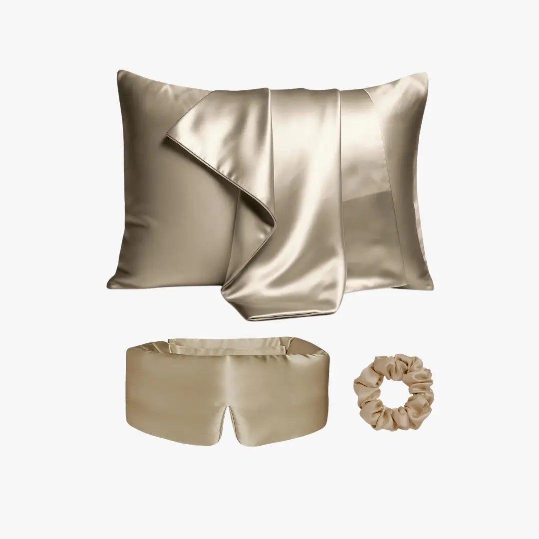 Ultimate sleep bundle in Sandsto, 23 momme mulberry silk sleep mask, pillowcase and scrunchiee