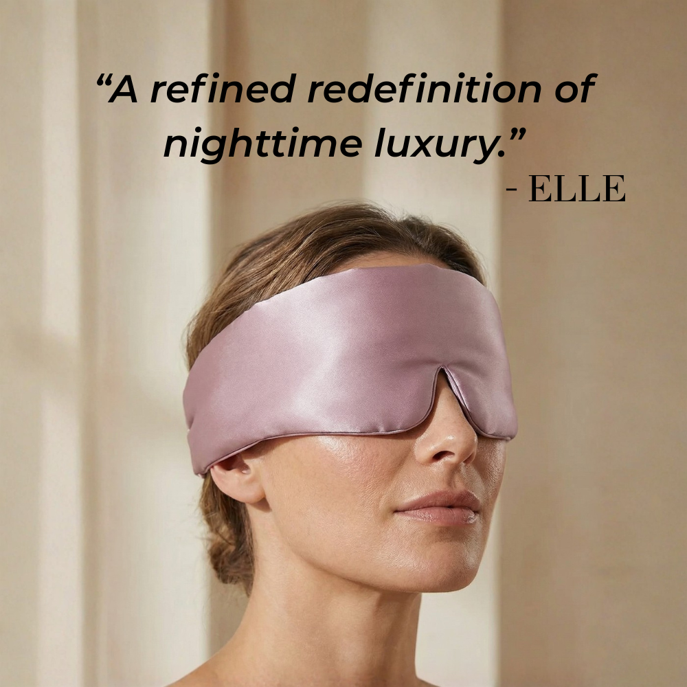 Woman wearing GLOWE Deep Sleep Mask in Dusty Rose, lifestyle editorial shot