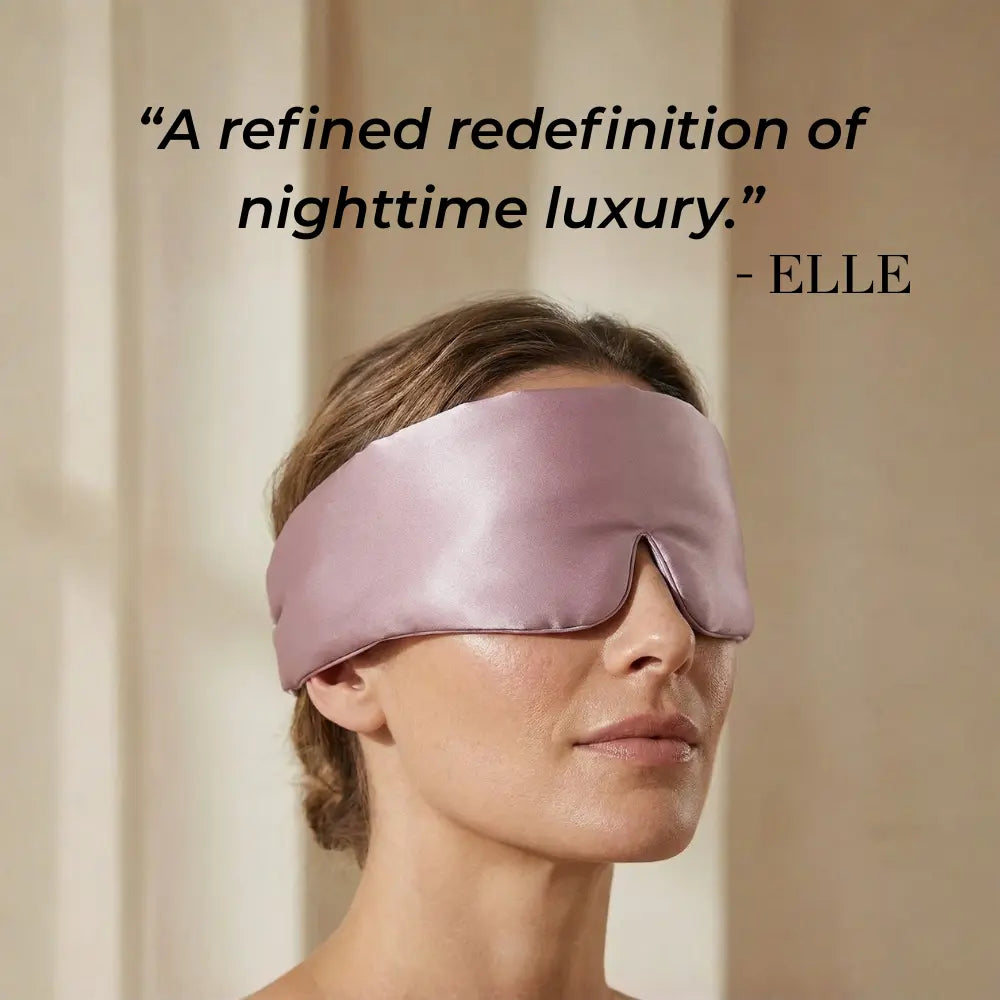 Woman wearing GLOWE Deep Sleep Mask in Dusty Rose, lifestyle editorial shot