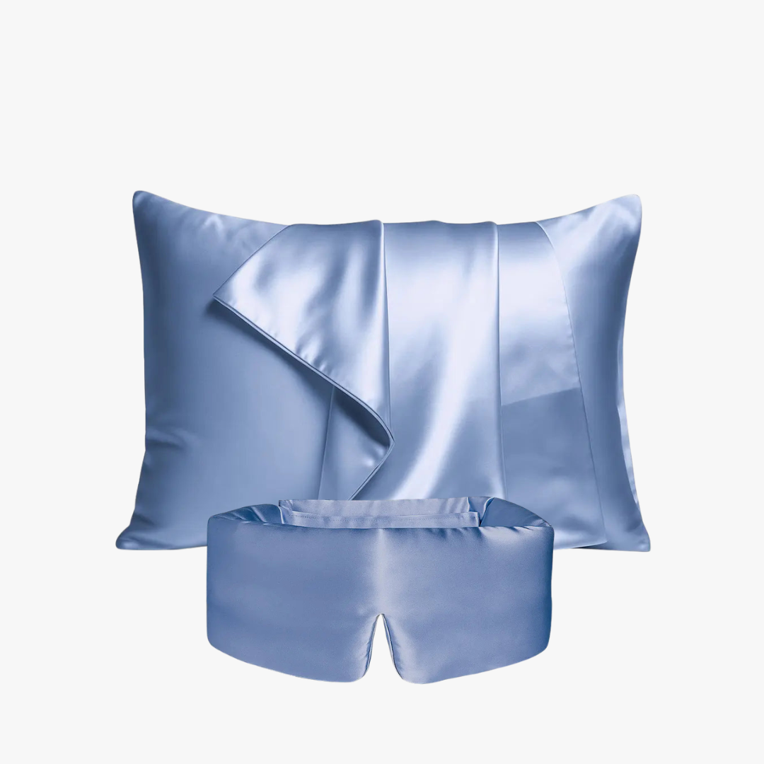 Deep Sleep Bundle in Morning Blue, 23 momme mulberry silk sleep mask and pillowcase set