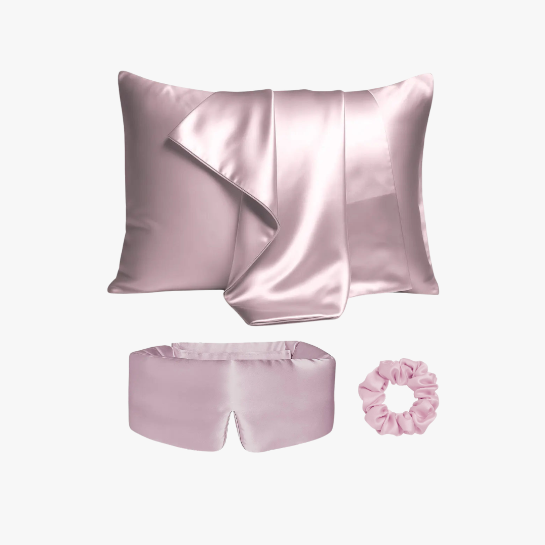 Ultimate sleep bundle in Dusty Rose, 23 momme mulberry silk sleep mask, pillowcase and scrunchie