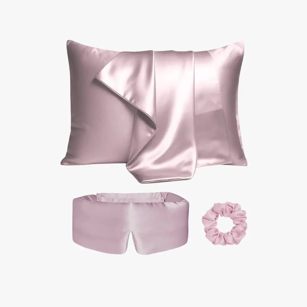 Ultimate sleep bundle in Dusty Rose, 23 momme mulberry silk sleep mask, pillowcase and scrunchie