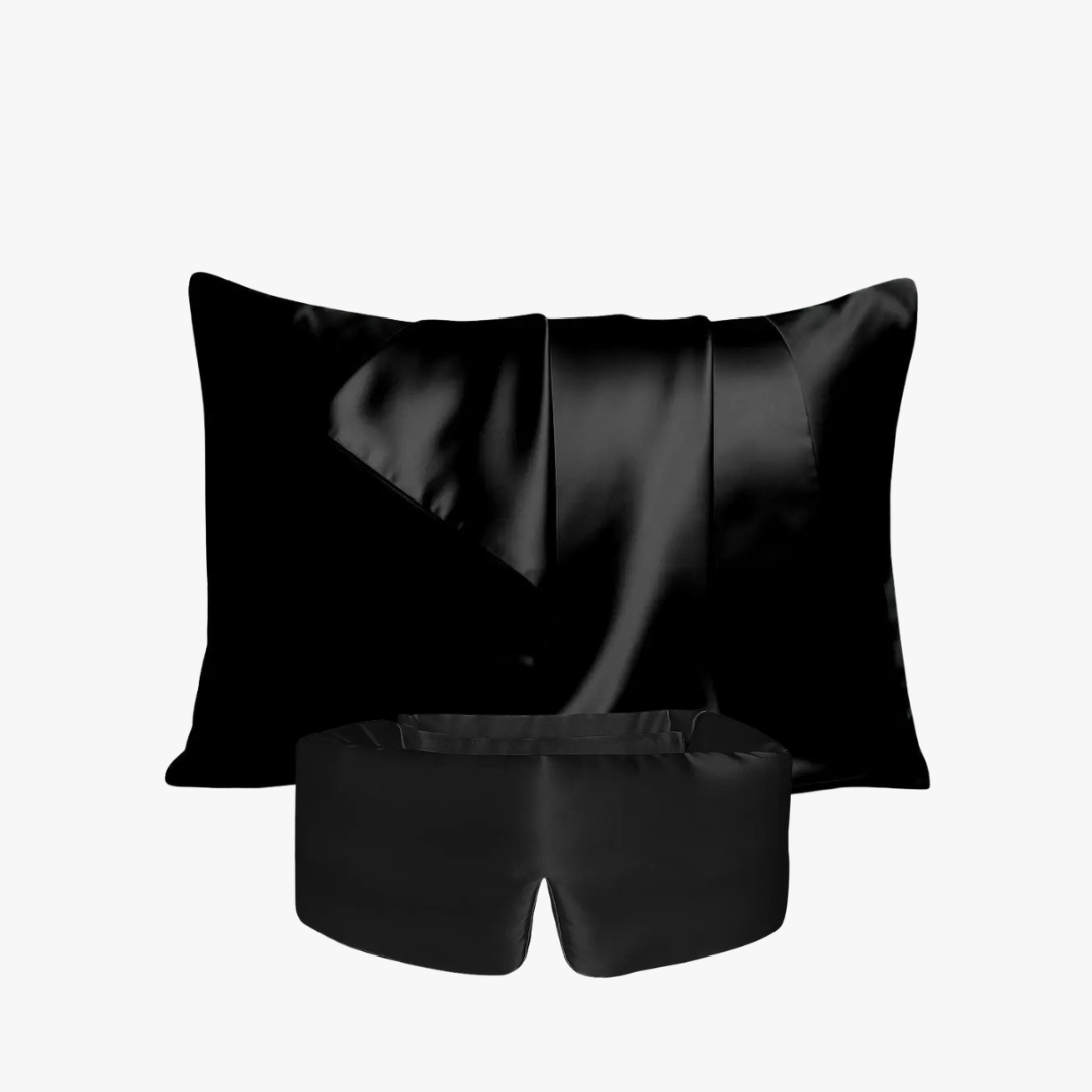 Deep Sleep Bundle in Midnight Black, 23 momme mulberry silk sleep mask and pillowcase set