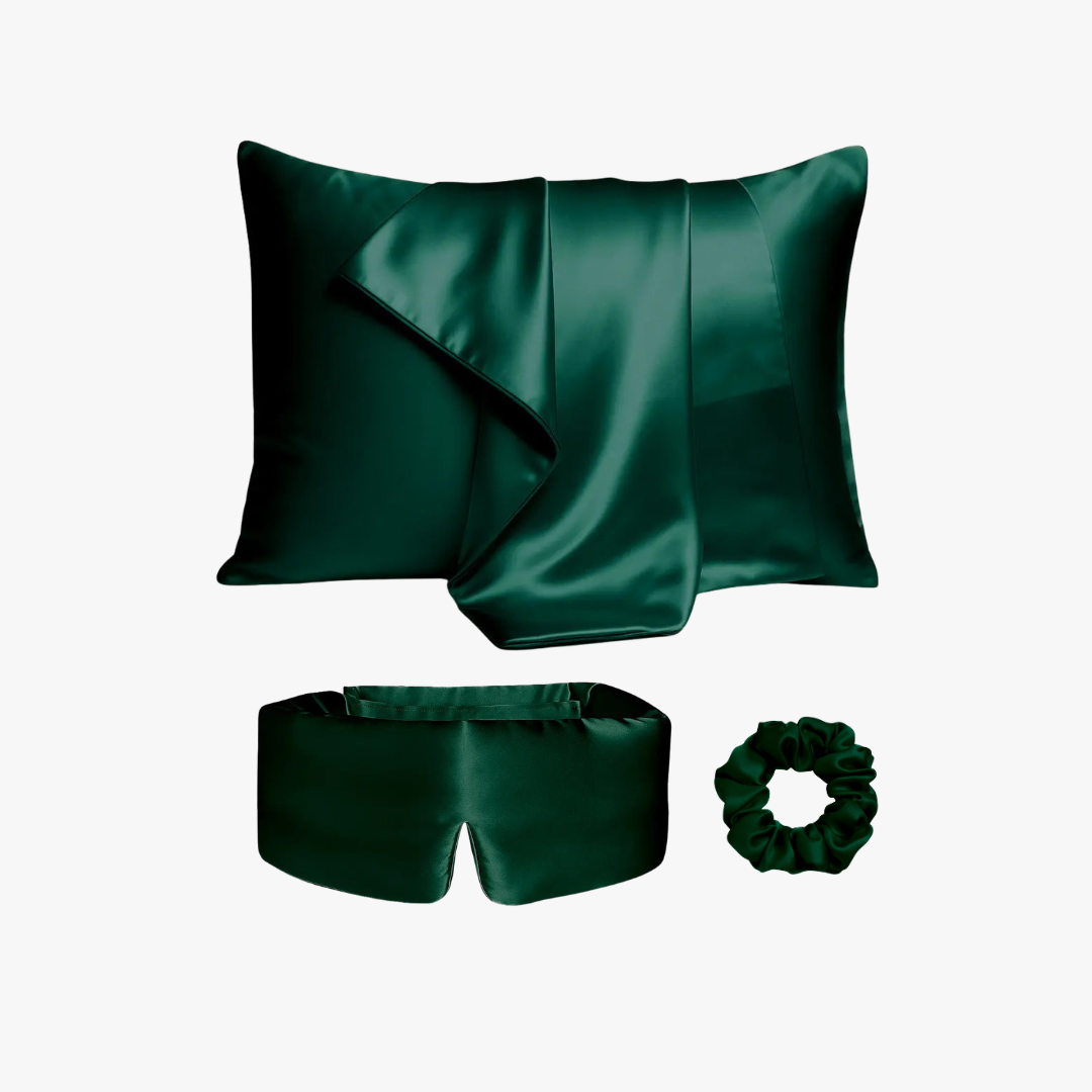 Ultimate sleep bundle in Forest Green, 23 momme mulberry silk sleep mask, pillowcase and scrunchie