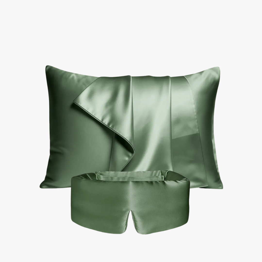 Deep Sleep Bundle in Olive Mist, 23 momme mulberry silk sleep mask and pillowcase set