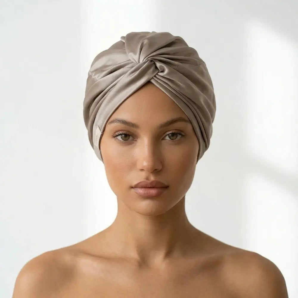 infused silver silk bonnet on a model