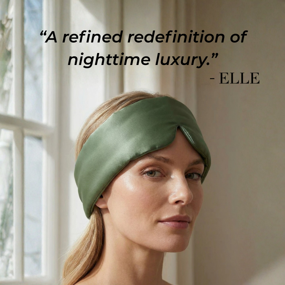 Woman wearing GLOWE Deep Sleep Mask in Olive Mist, lifestyle editorial shot