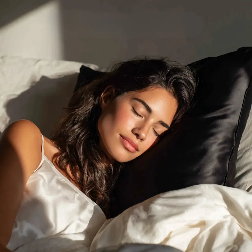 Woman sleeping on GLOWE Silk Pillowcase, silk that prevents frizzy hair, reduces breakage, and retains natural moisture