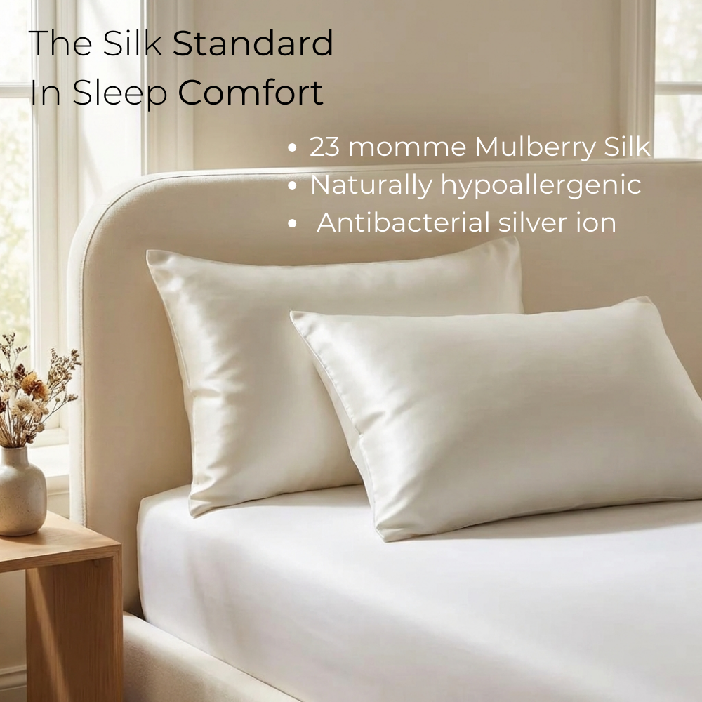 GLOWE Silk Pillowcases in Soft Sage on bed, 23 momme mulberry silk, hypoallergenic, antibacterial silver ion