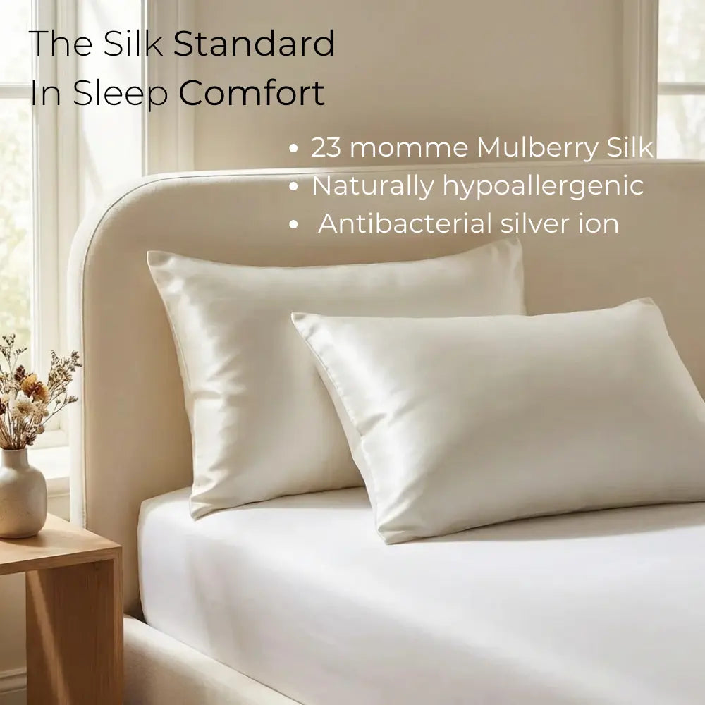 GLOWE Silk Pillowcases in Soft Sage on bed, 23 momme mulberry silk, hypoallergenic, antibacterial silver ion