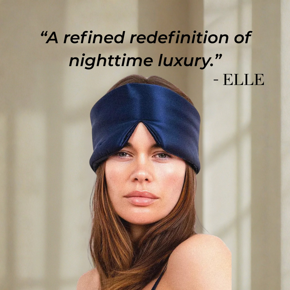 Woman wearing GLOWE Deep Sleep Mask in Deep Navy, lifestyle editorial shot
