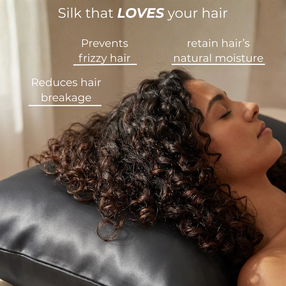 Woman sleeping on GLOWE Silk Pillowcase, silk that prevents frizzy hair, reduces breakage, and retains natural moisture