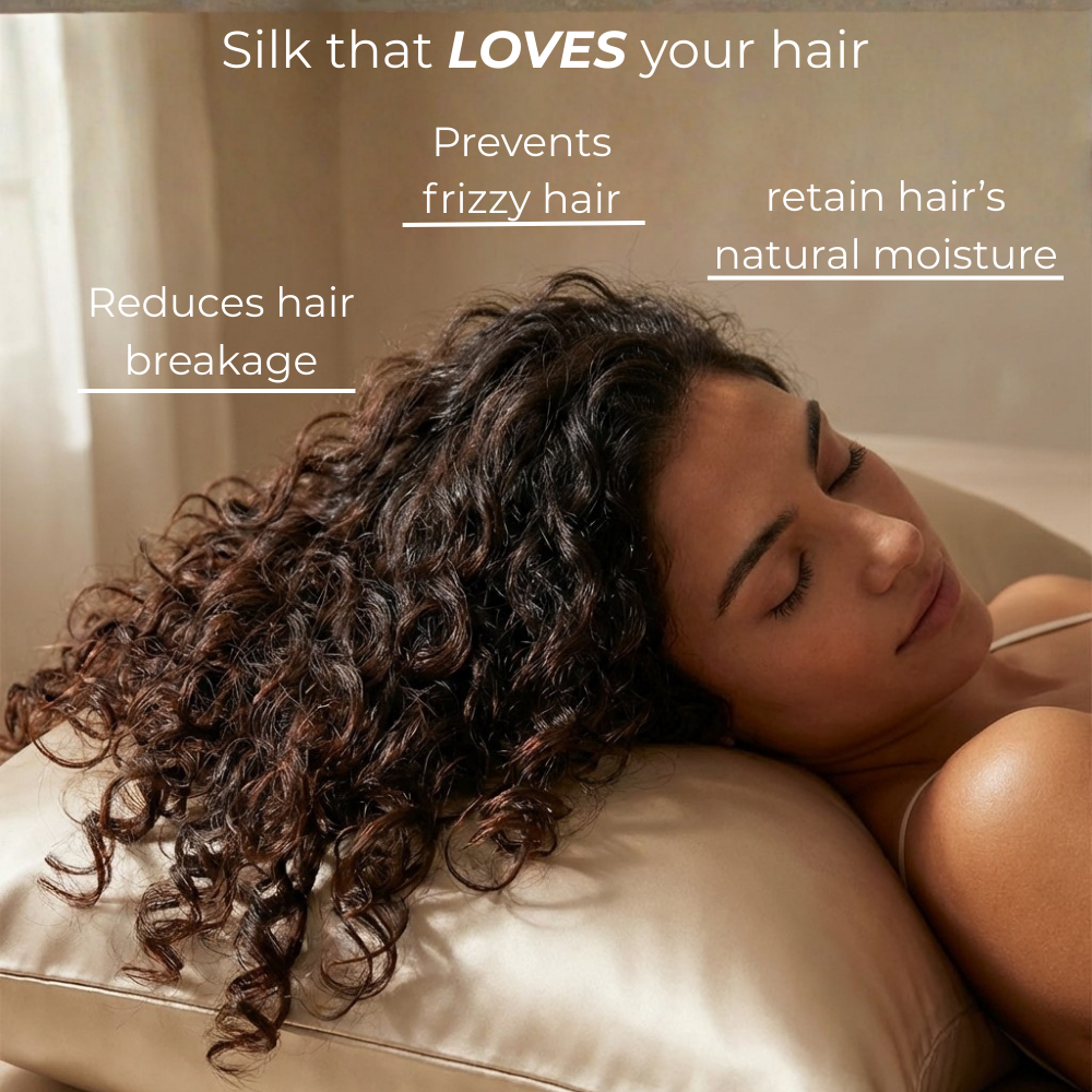 Woman sleeping on GLOWE Silk Pillowcase, silk that prevents frizzy hair, reduces breakage, and retains natural moisture