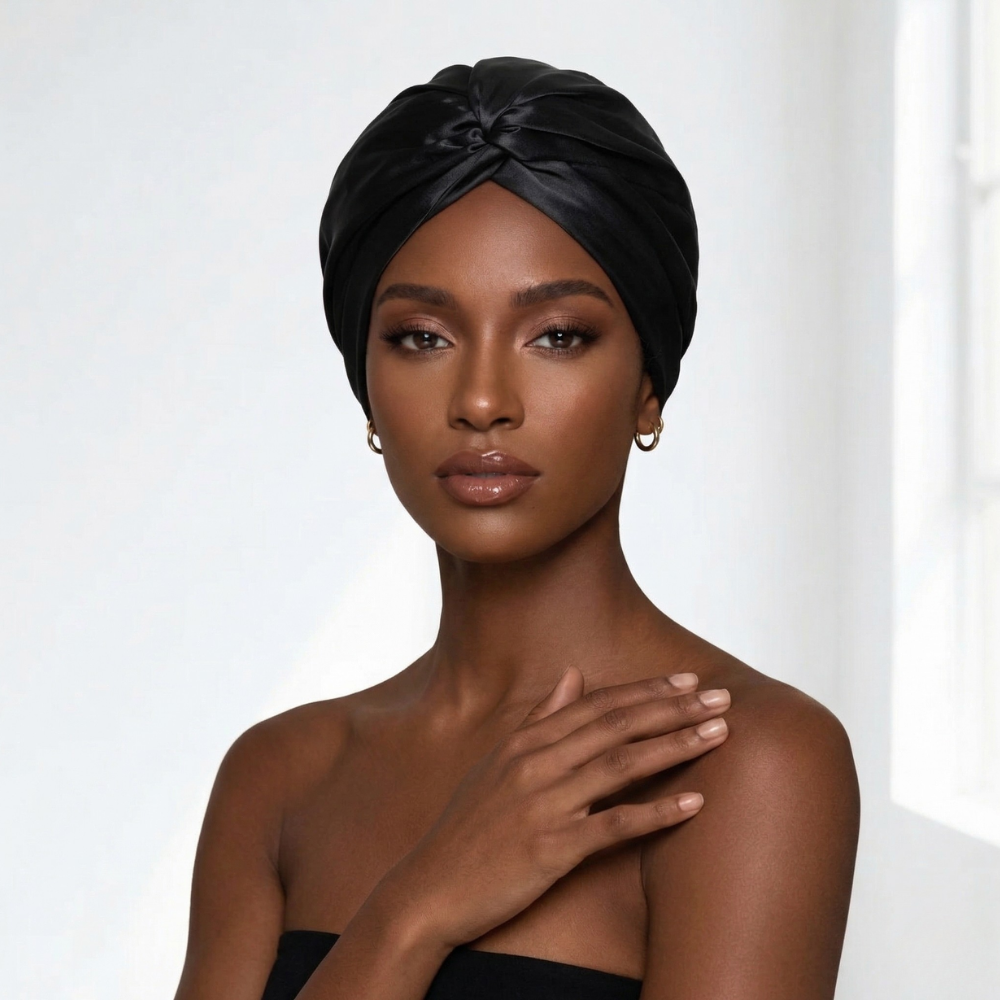 Black silk bonnet worn on a brownskin model