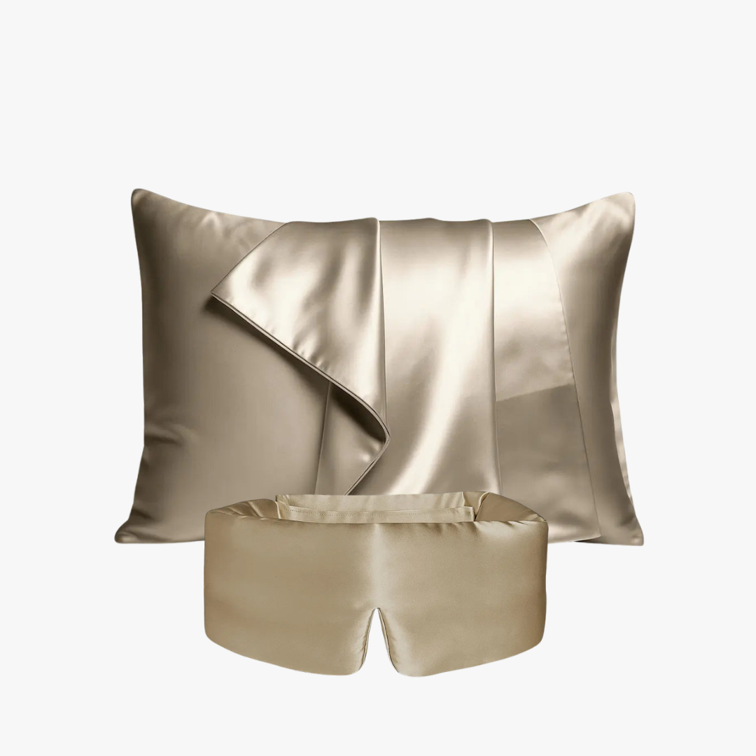 Deep Sleep Bundle in Sandstone, 23 momme mulberry silk sleep mask and pillowcase set