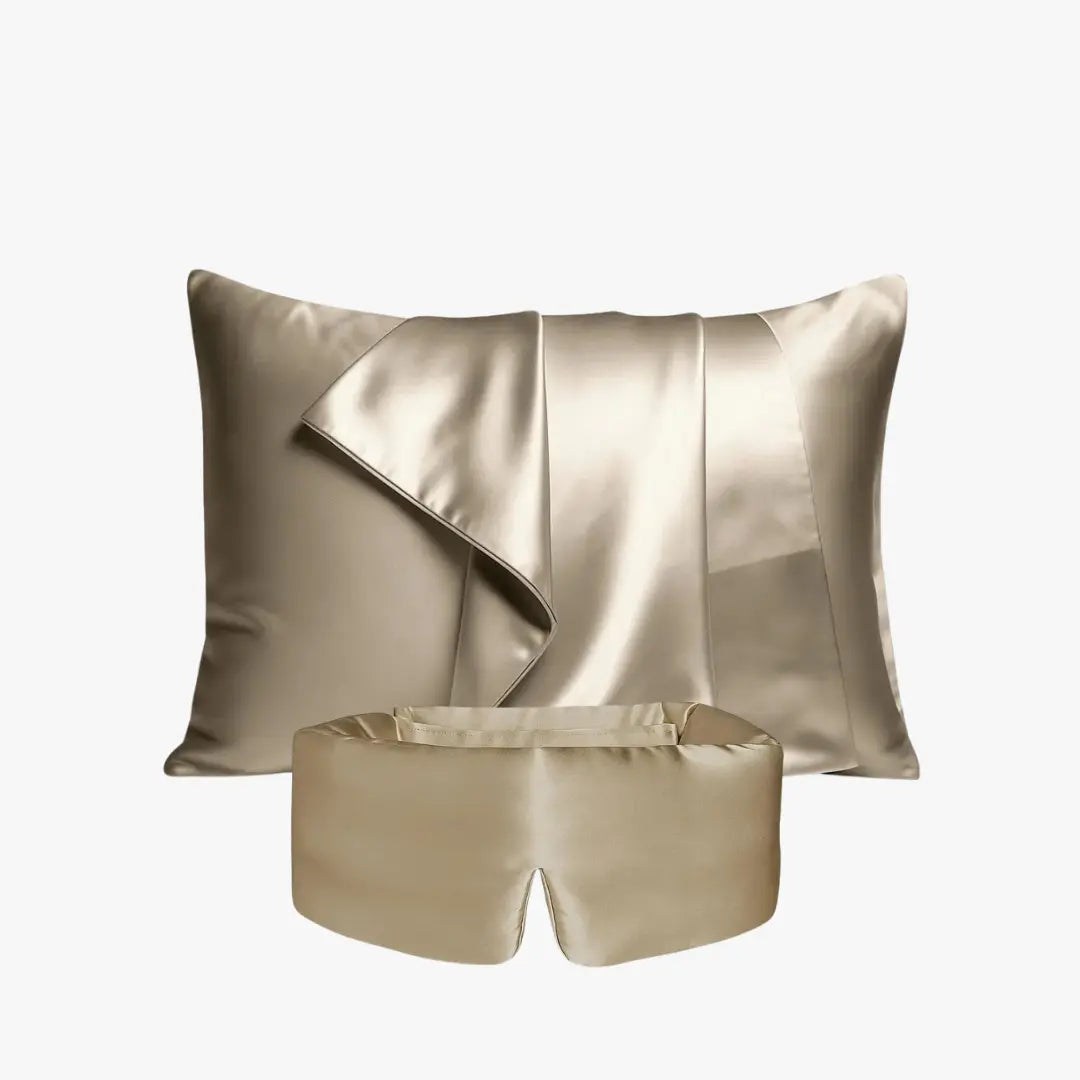 Deep Sleep Bundle in Sandstone, 23 momme mulberry silk sleep mask and pillowcase set