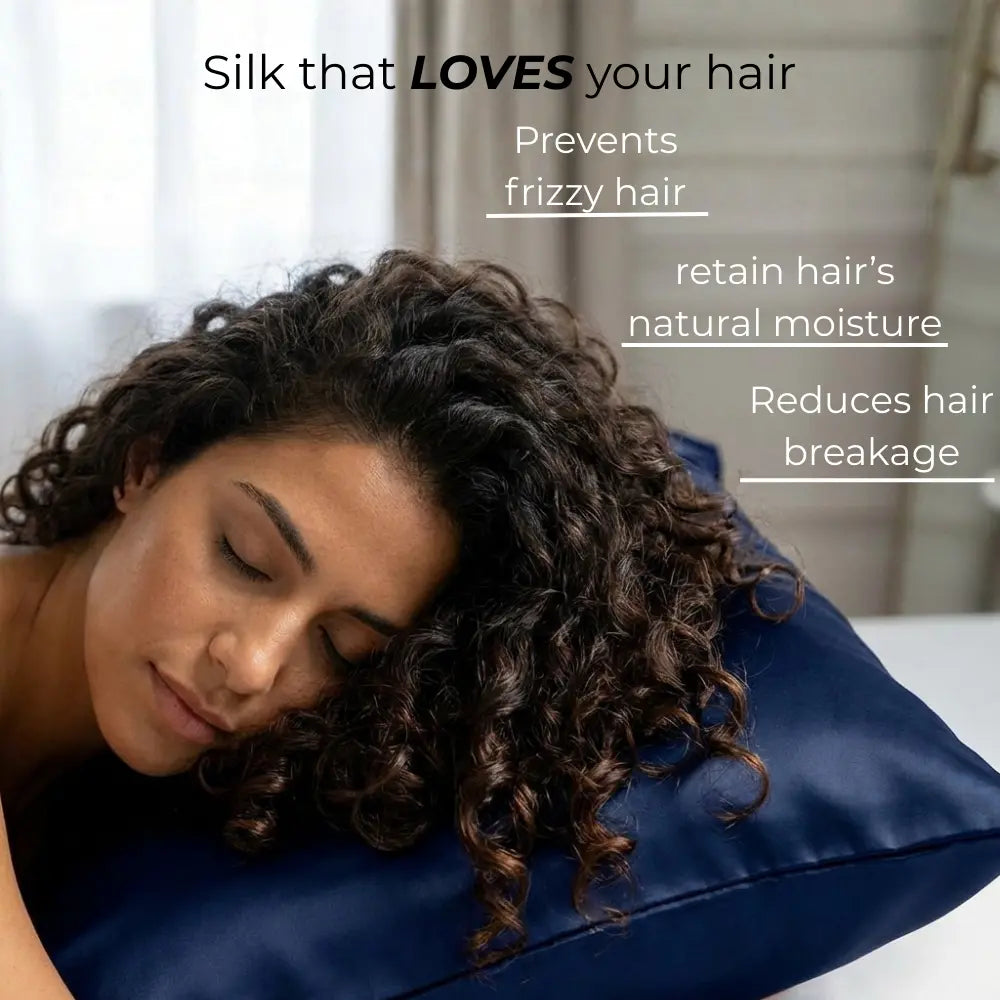 Woman sleeping on GLOWE Silk Pillowcase, silk that prevents frizzy hair, reduces breakage, and retains natural moisture
