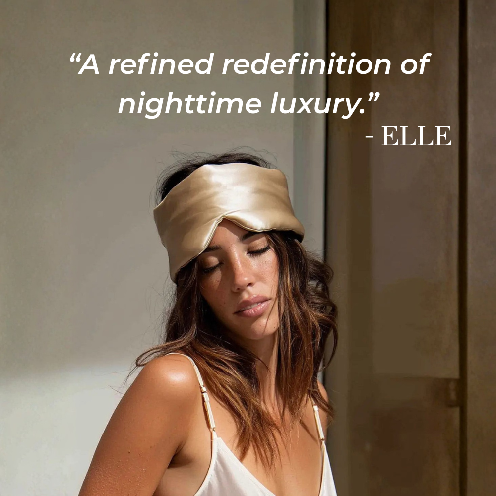 Woman wearing GLOWE Deep Sleep Mask in Sandstone, lifestyle editorial shot.