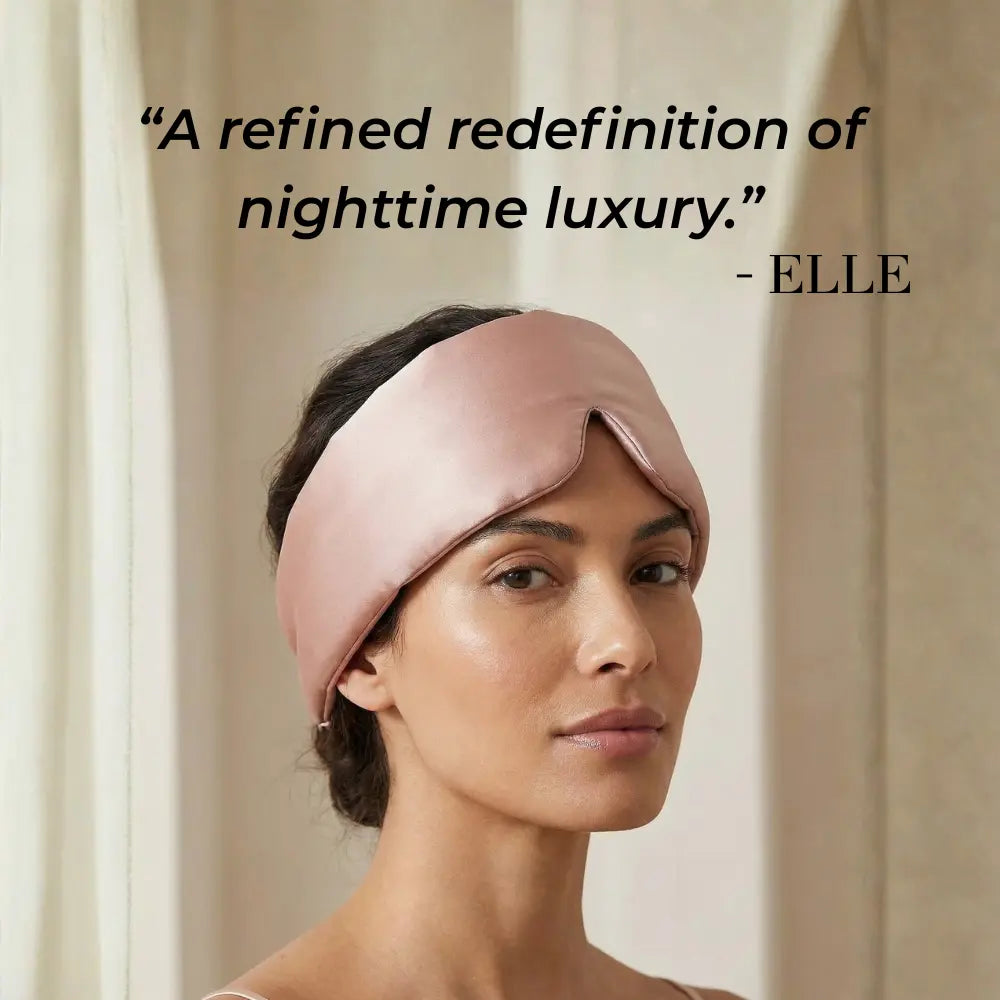 Woman wearing GLOWE Deep Sleep Mask in Soft Blush, lifestyle editorial shot