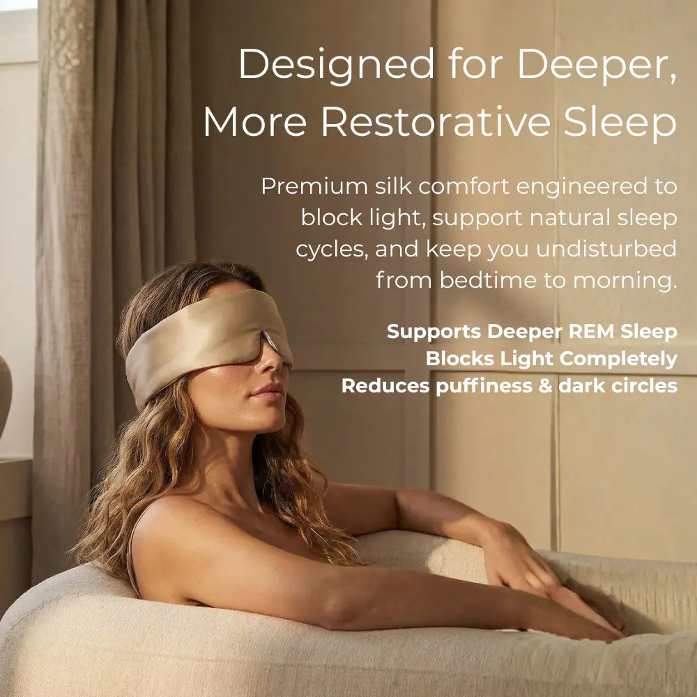 Woman wearing GLOWE Deep Sleep Mask, designed for deeper more restorative sleep.