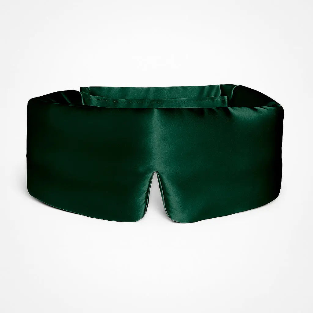 Deep Sleep Mask in Forest Green, front view showing 23 momme mulberry silk and contoured nose bridge