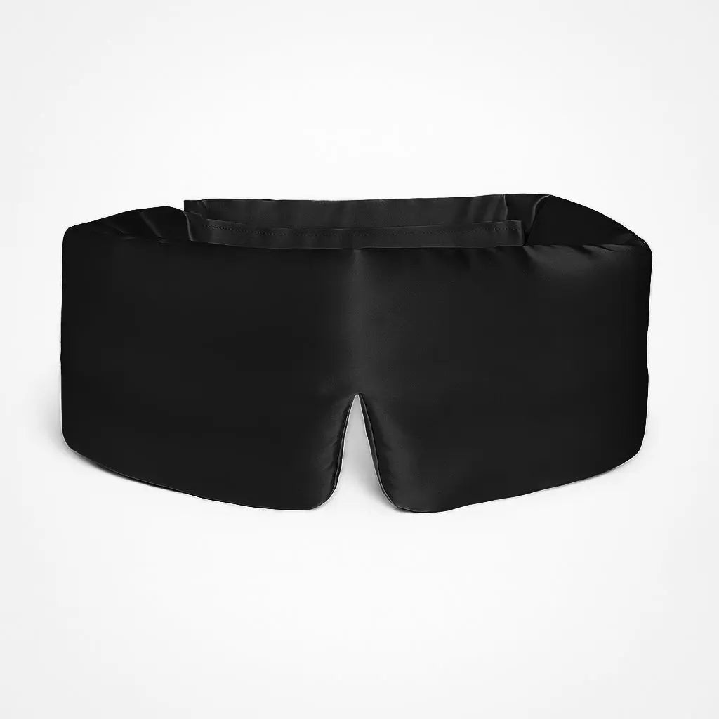 Deep Sleep Mask in Midnight Black, front view showing 23 momme mulberry silk and contoured nose bridge