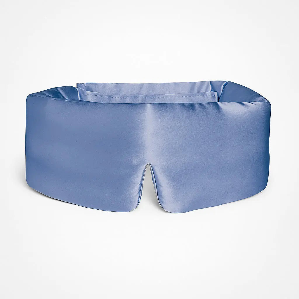 Deep Sleep Mask in Morning Blue, front view showing 23 momme mulberry silk and contoured nose bridge