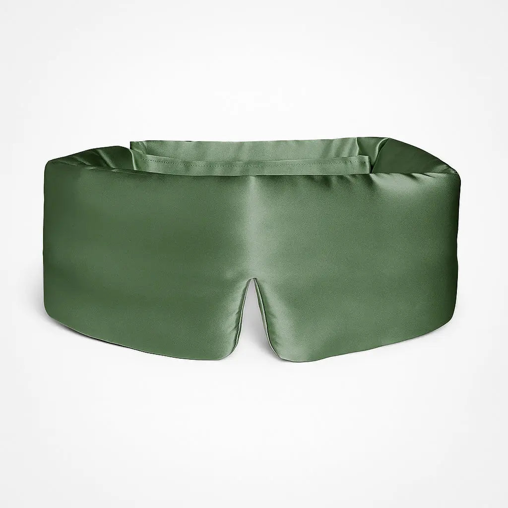 Deep Sleep Mask in Olive Mist, front view showing 23 momme mulberry silk and contoured nose bridge