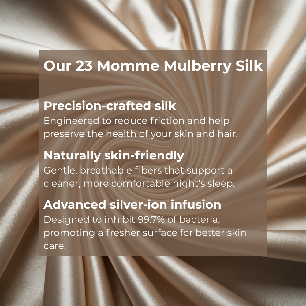 23 momme mulberry silk close-up, precision-crafted with antibacterial silver-ion infusion