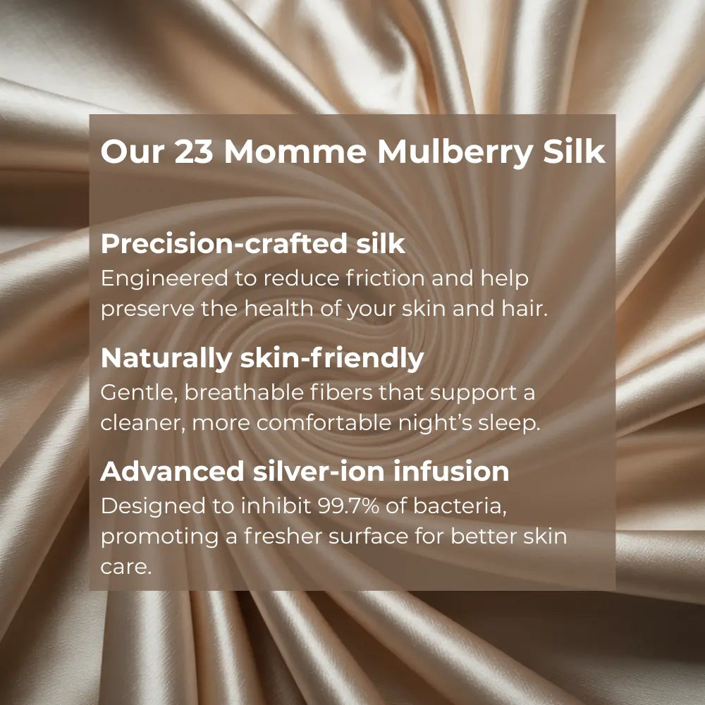 23 momme mulberry silk close-up, precision-crafted with antibacterial silver-ion infusion