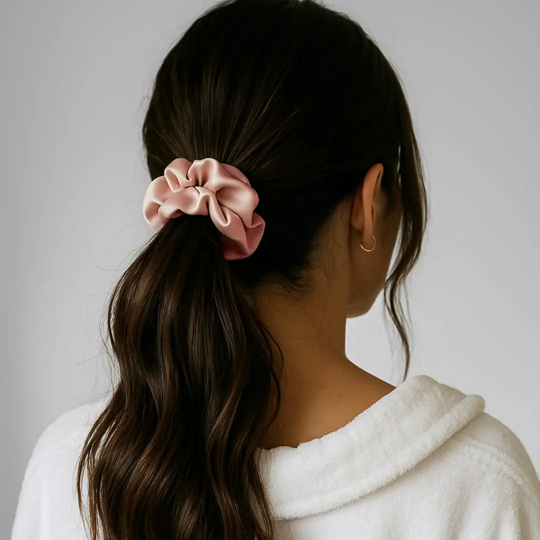 Woman wearing GLOWE Silk Scrunchie in Soft Blush in ponytail, showing gentle hold without hair creasing