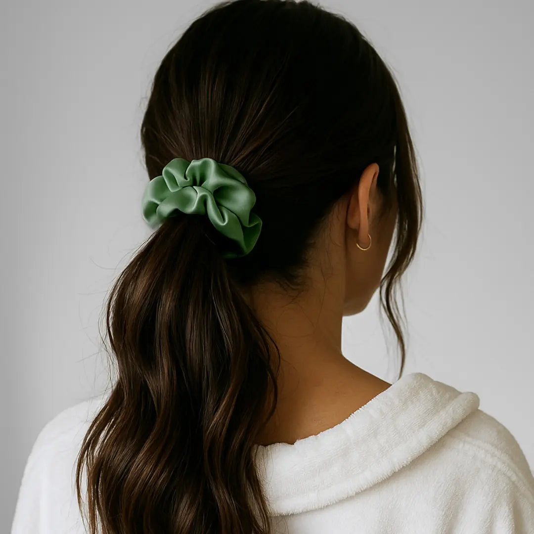 Woman wearing GLOWE Silk Scrunchie in Olive Mist in ponytail, showing gentle hold without hair creasing
