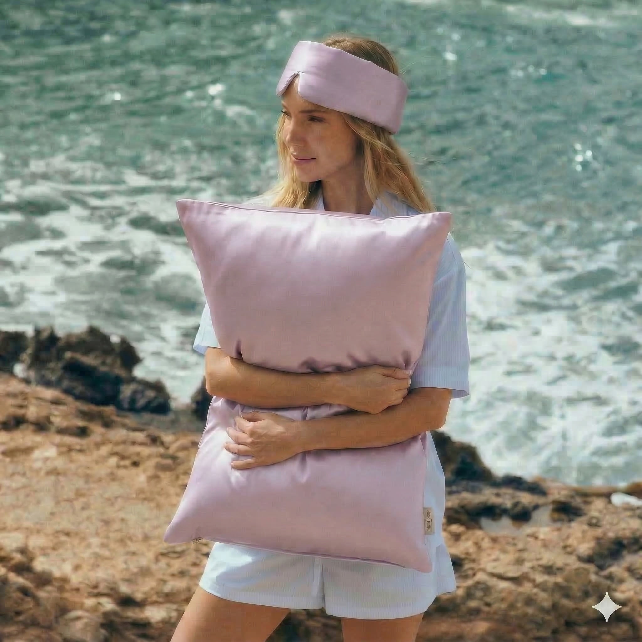 Woman holding GLOWE silk pillowcase in Dusty Rose outdoors, lifestyle shot