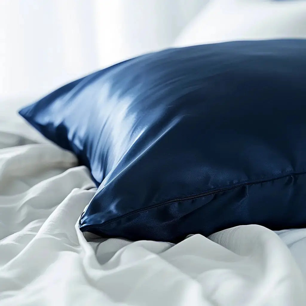 GLOWE Silk Pillowcases in Deep Navy on bed, 23 momme mulberry silk, hypoallergenic, antibacterial silver ion