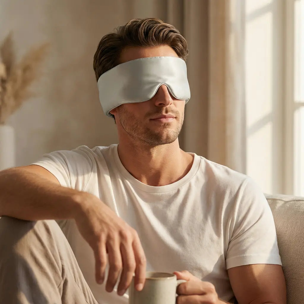 Man relaxing with GLOWE Deep Sleep Mask in Soft Sage on sofa, lifestyle shot