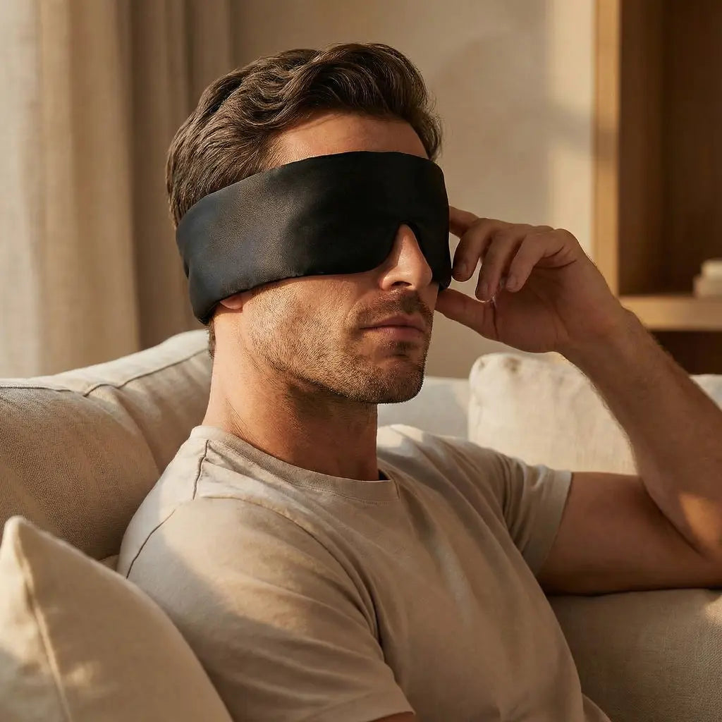 Guy wearing a black deep sleep mask in midnight black sitting on the couch