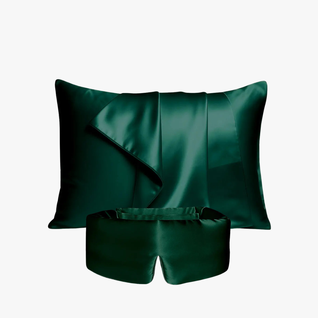 Deep Sleep Bundle in Forest Green, 23 momme mulberry silk sleep mask and pillowcase set