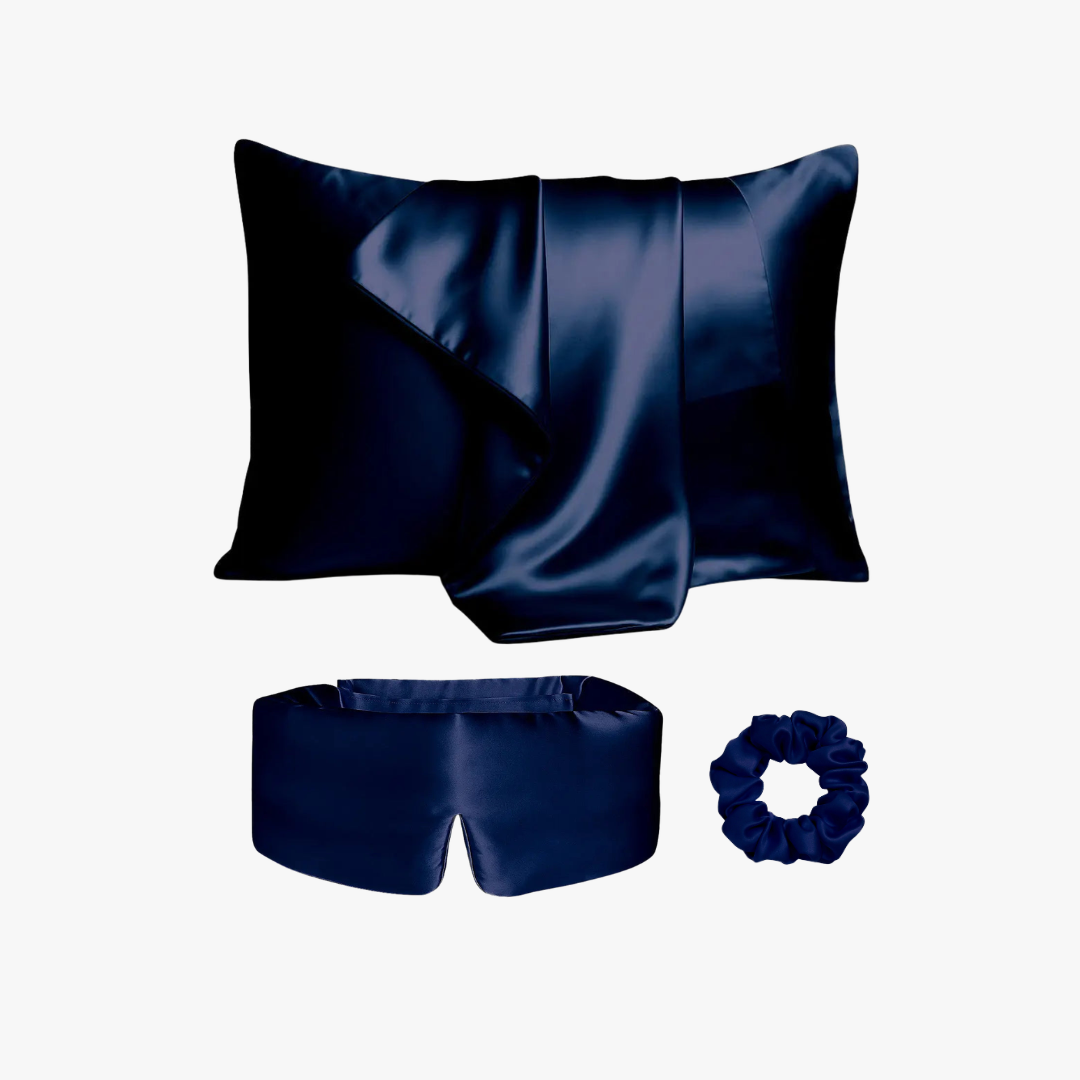 Ultimate sleep bundle in Deep Navy, 23 momme mulberry silk sleep mask, pillowcase and scrunchie