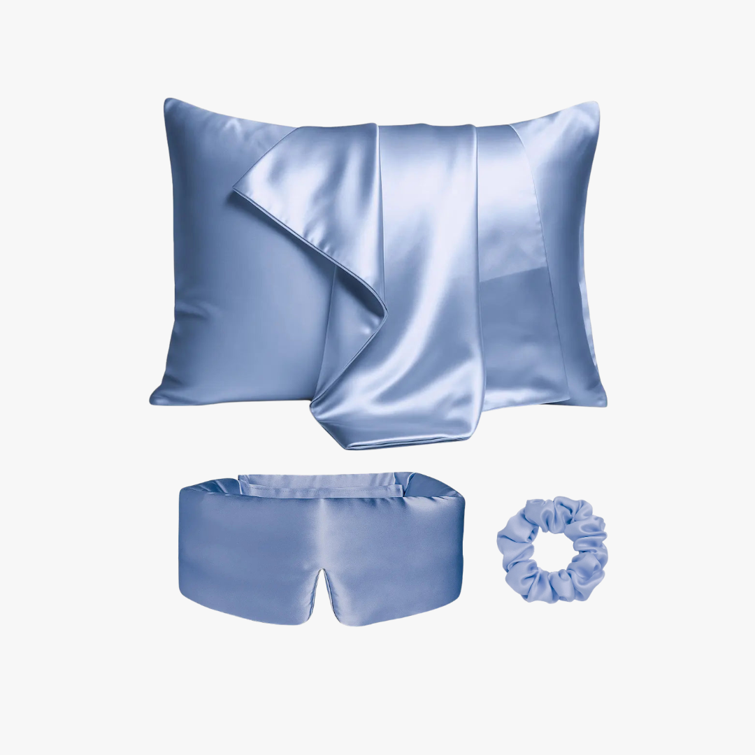Ultimate sleep bundle in Morning Blue, 23 momme mulberry silk sleep mask, pillowcase and scrunchie