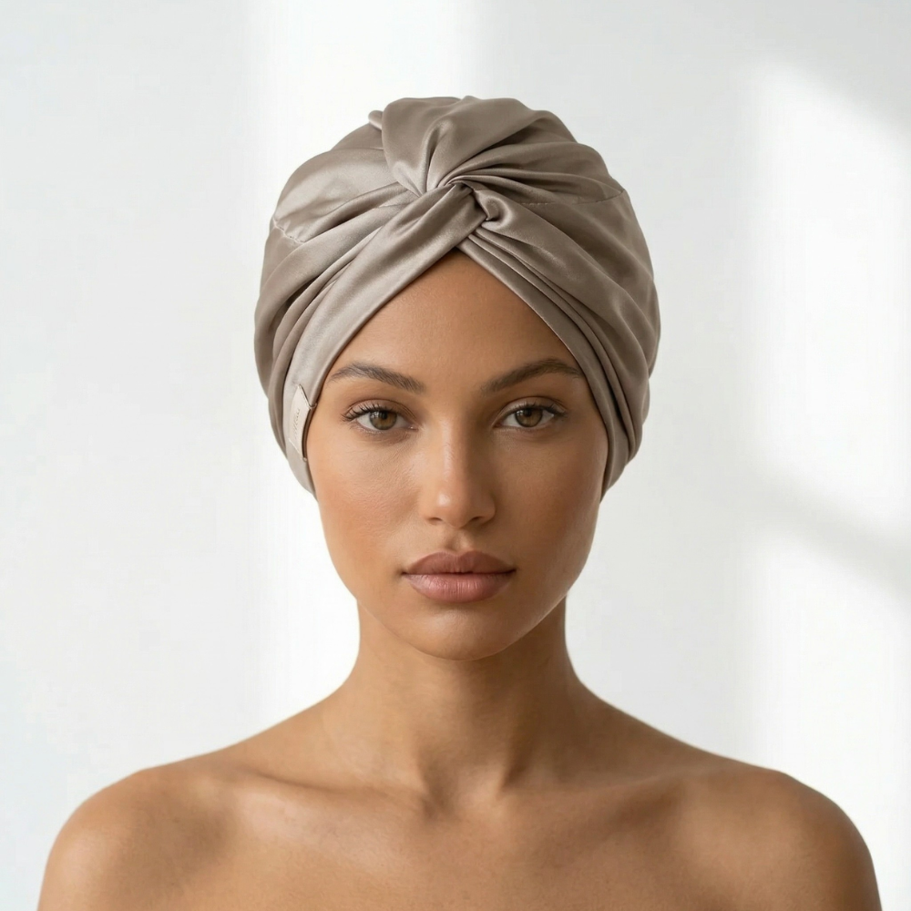 infused silver silk bonnet on a model