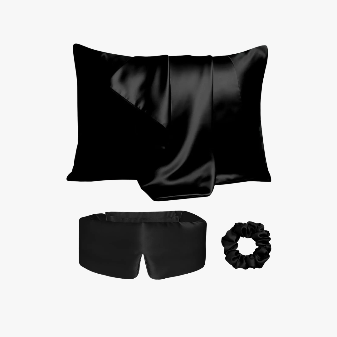 Ultimate sleep bundle in Midnight Black, 23 momme mulberry silk sleep mask, pillowcase and scrunchie