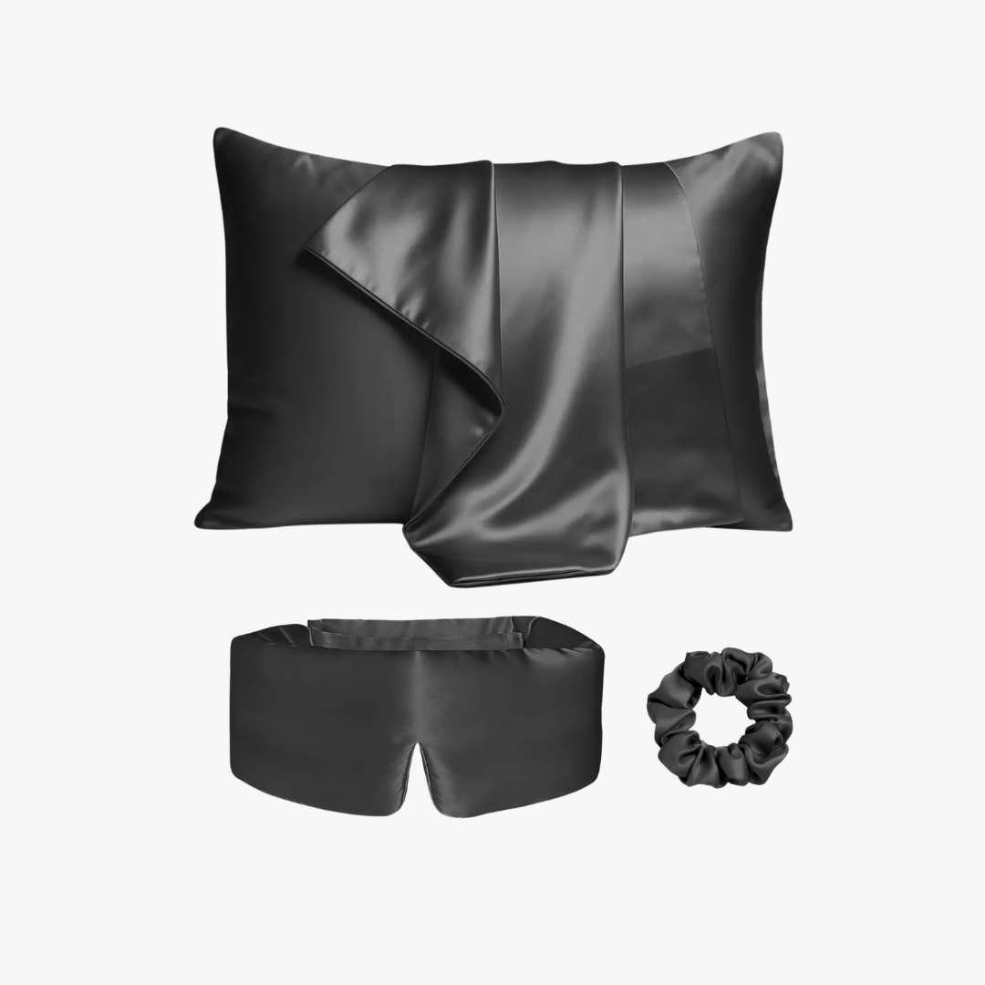 Ultimate sleep bundle in Slate Grey, 23 momme mulberry silk sleep mask, pillowcase and scrunchie