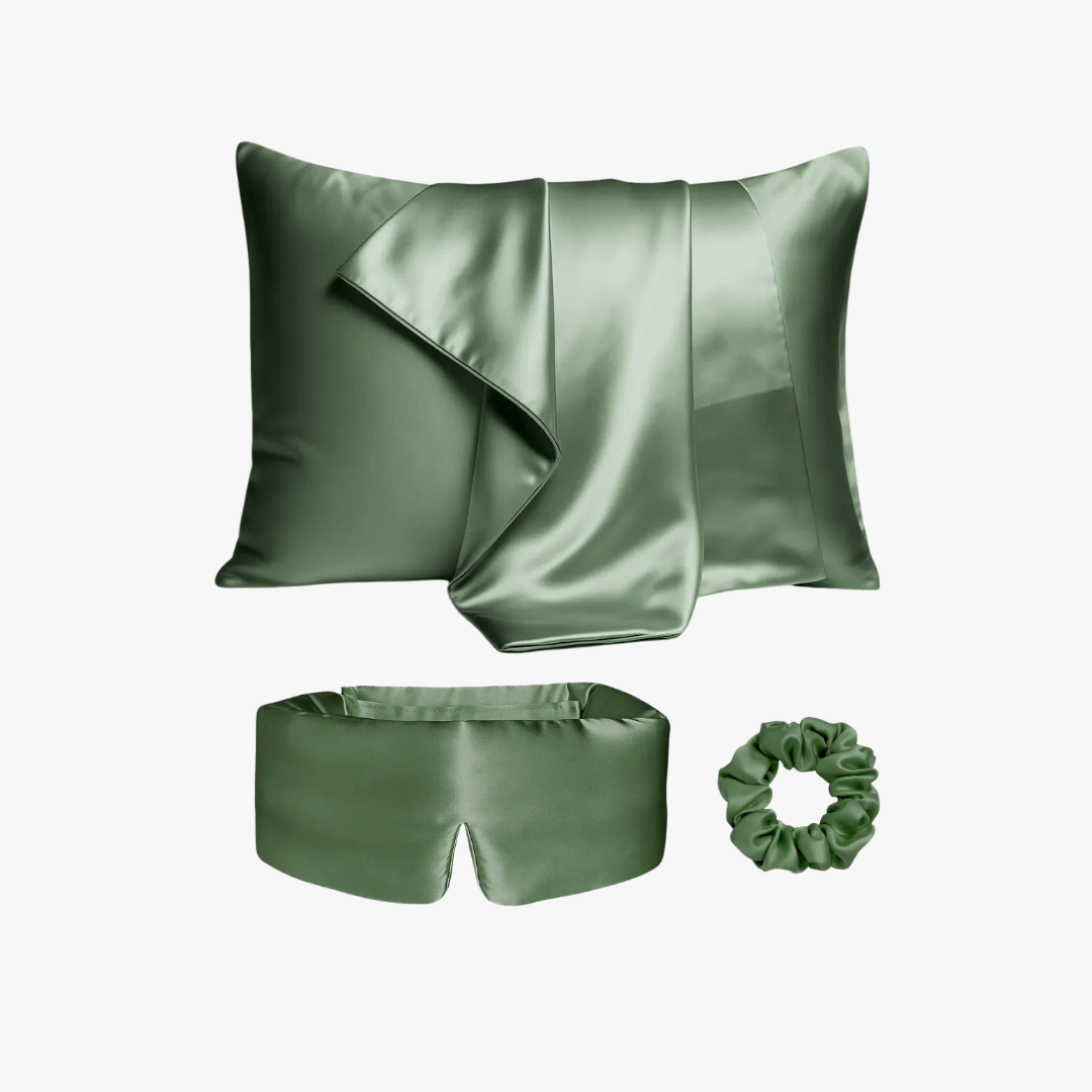 Ultimate sleep bundle in Forest Green, 23 momme mulberry silk sleep mask, pillowcase and scrunchie