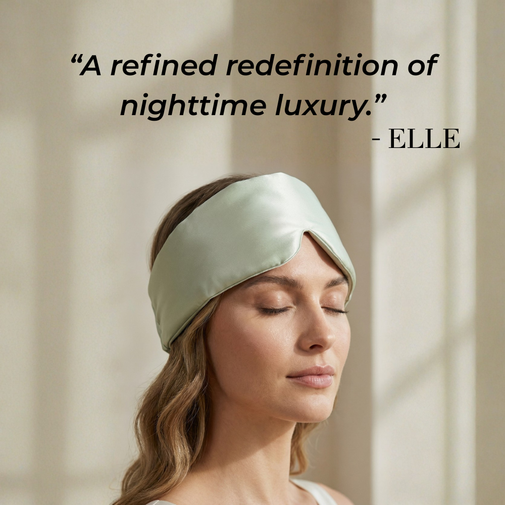 Woman wearing GLOWE Deep Sleep Mask in Soft Sage, lifestyle editorial shot