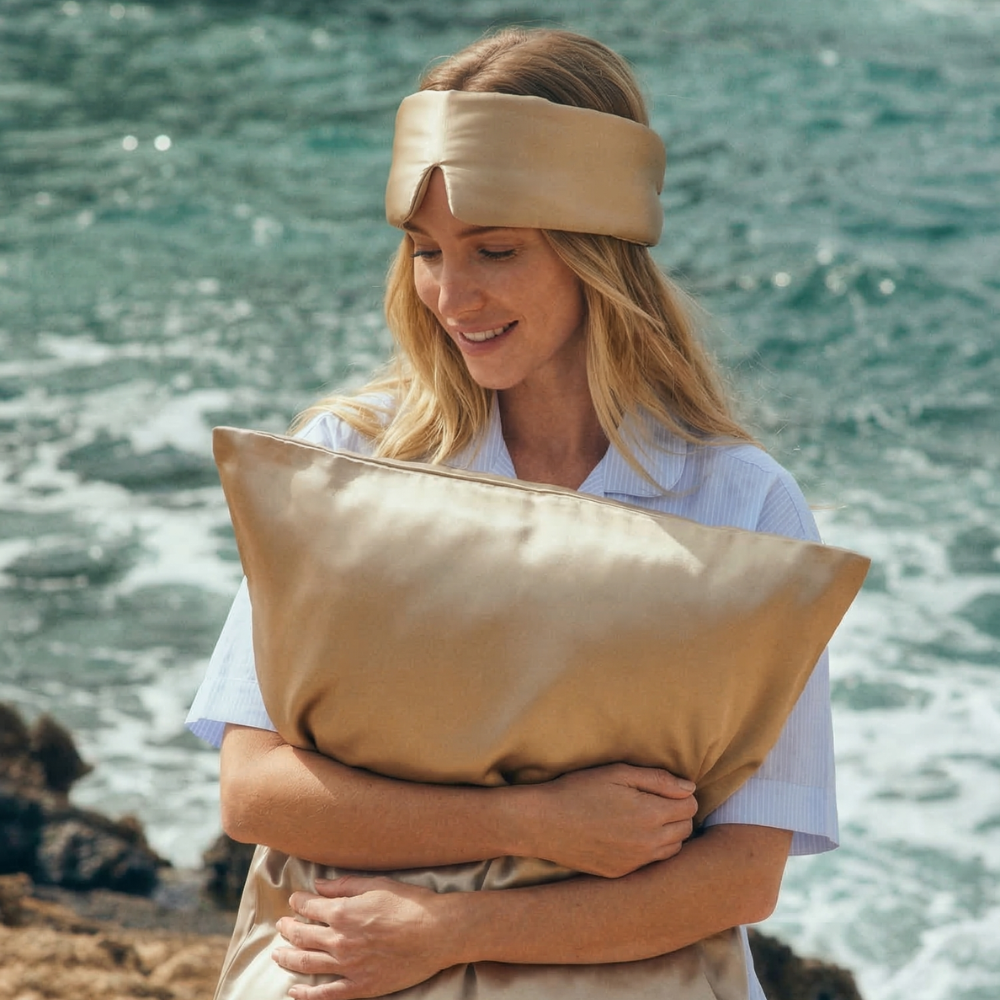 Woman holding GLOWE silk pillowcase in Sandstone outdoors, lifestyle shot