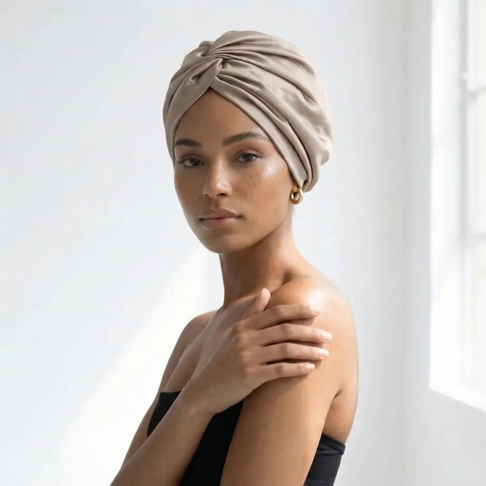 infused silver silk bonnet on a model
