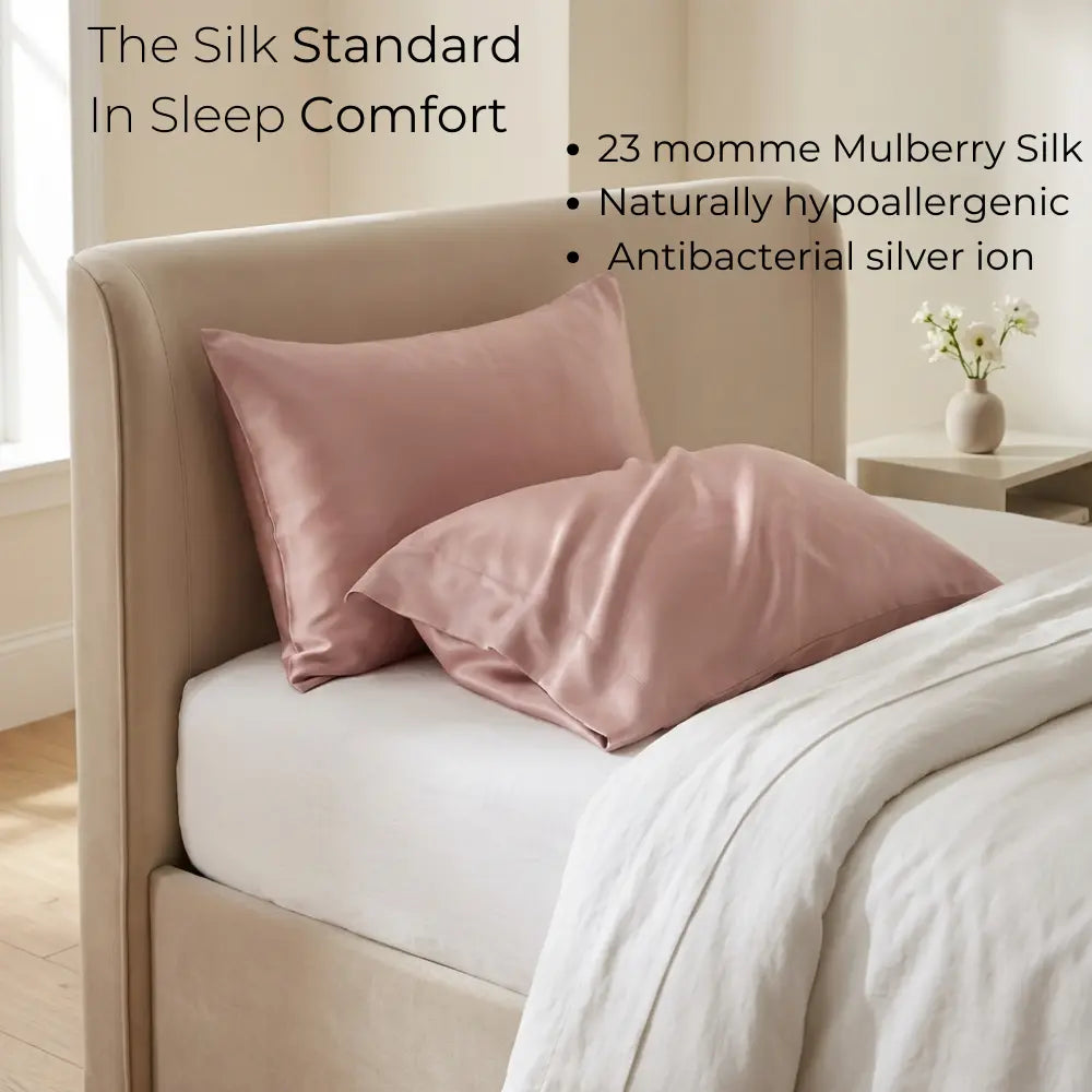 GLOWE Silk Pillowcases in Soft Blush on bed, 23 momme mulberry silk, hypoallergenic, antibacterial silver ion