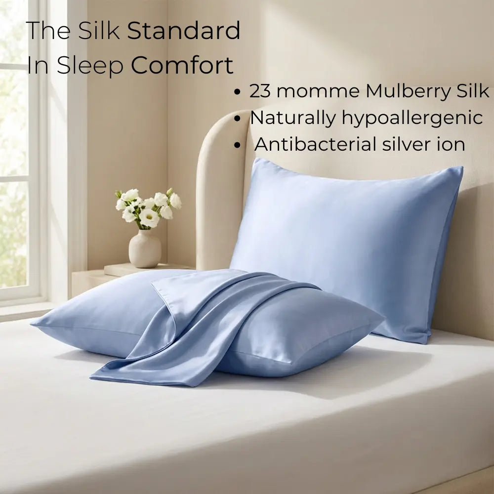 GLOWE Silk Pillowcases in Midnight Black on bed, 23 momme mulberry silk, hypoallergenic, antibacterial silver ion