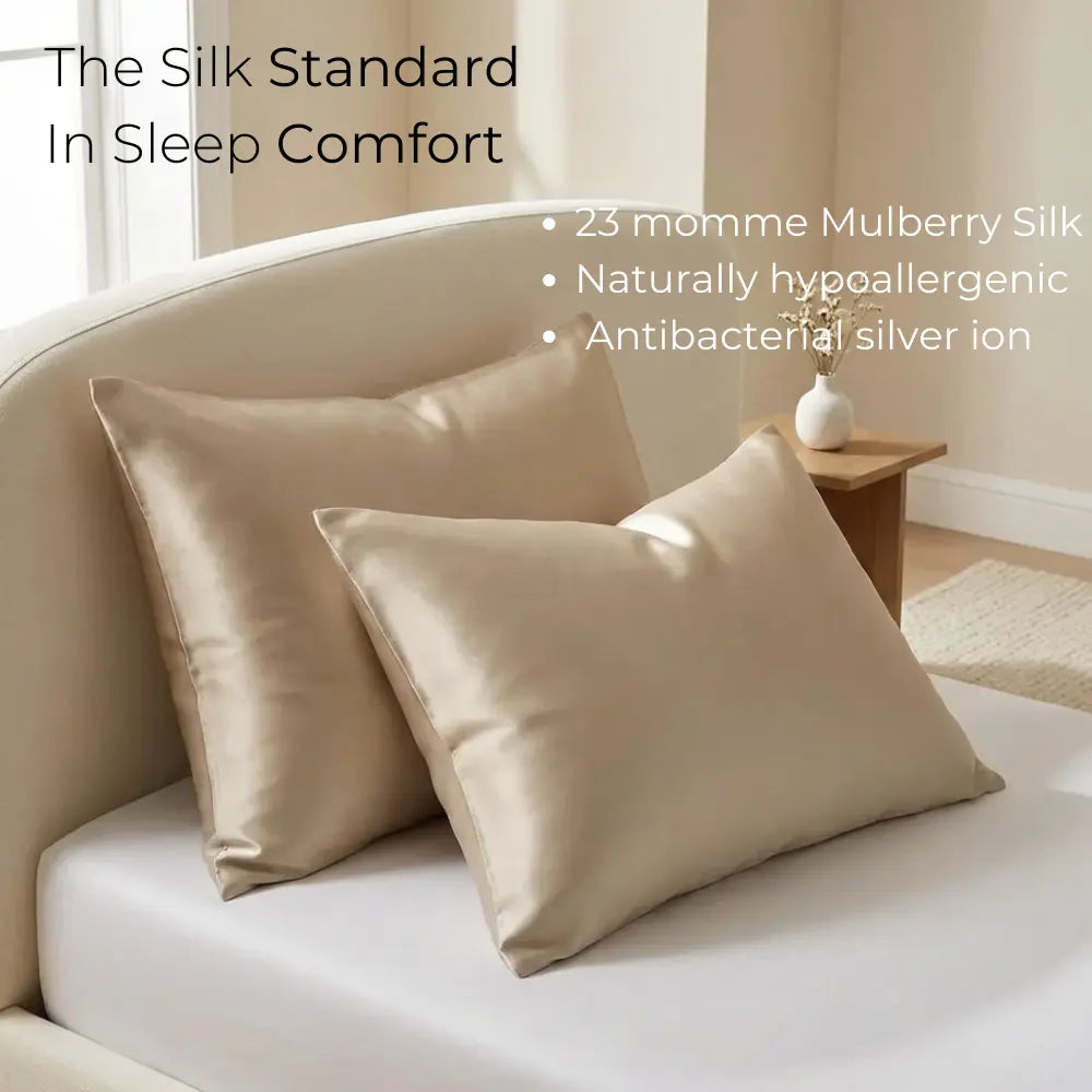 GLOWE Silk Pillowcases in Sandstone on bed, 23 momme mulberry silk, hypoallergenic, antibacterial silver ion